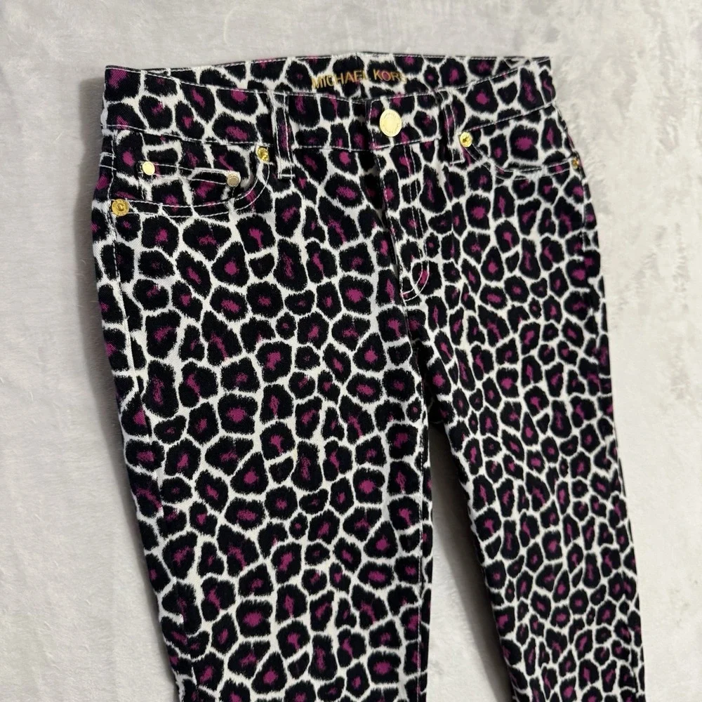 Michael Kors Leopard Print Skinny‎ Jeans Size 0 Pink & Black White Gold Mob Wife